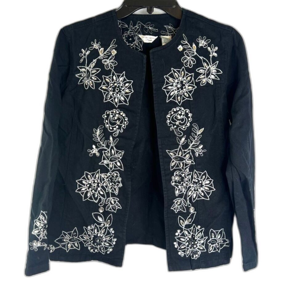 Laura Ashley‎ Black Embellished Jeweled Embroidered Open Front Jacket Sz PM